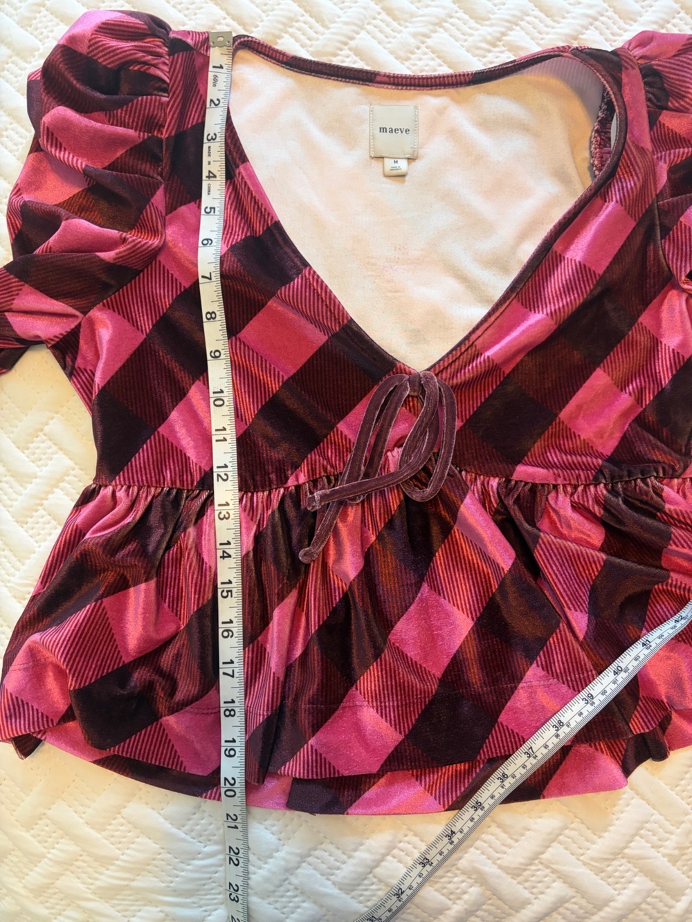 Anthropologie Maeve | Pink Plaid Striped Puff Sleeve V-Neck Blouse - Picture 7 of 8